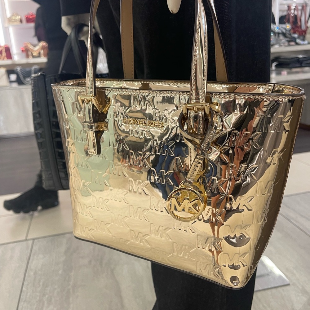MICHAEL KORS Jet Set Extra-Small Metallic Logo Debossed Convertible TZ Tote Cros - Picture 14 of 16